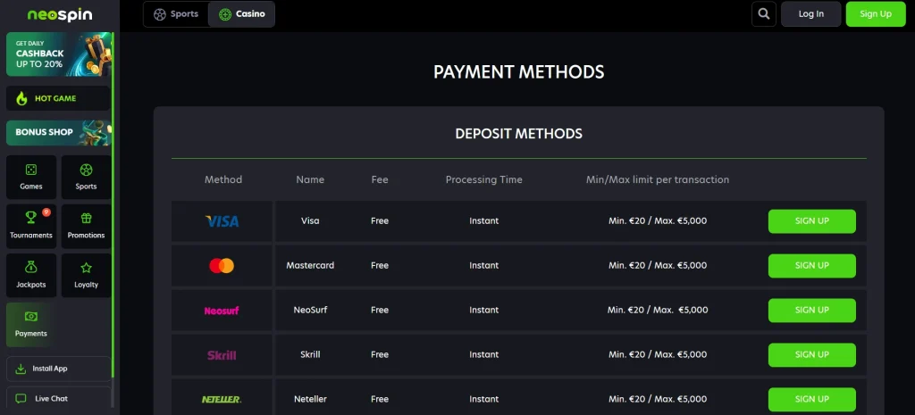 neospin casino payment
